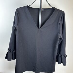Ann Taylor Factory Black Polyester Top Women's L Large Ruffle Sleeve 3/4
